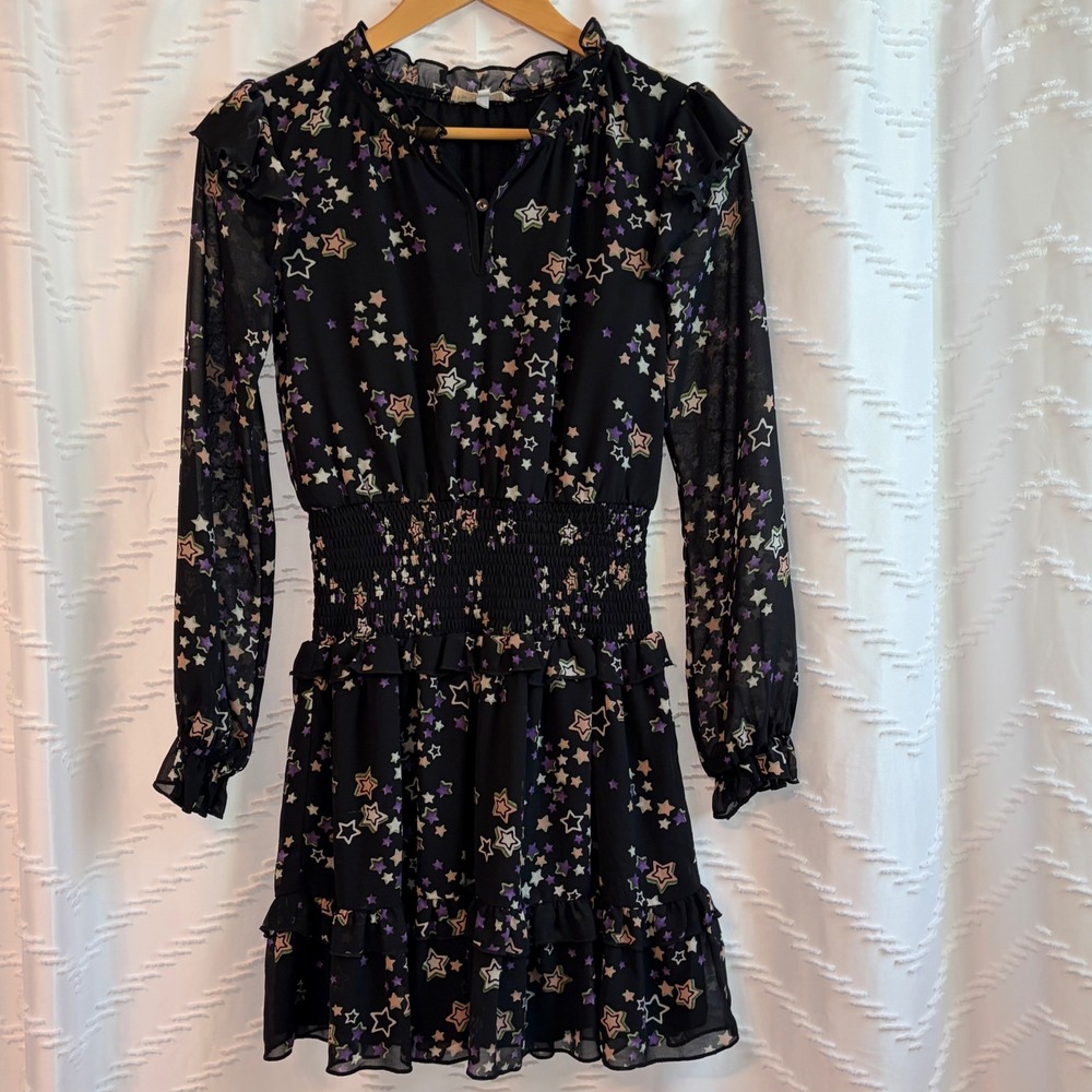 Hannah Banana Girls Black Star Print Smocked Waist Tiered Chiffon Dress Size 14